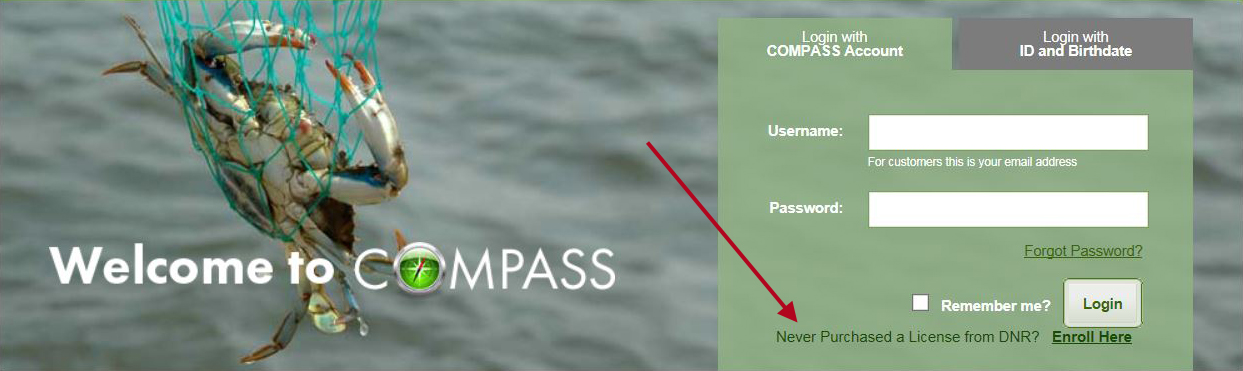 Screen shot of conmpass website with an arrow on where to click if you have never purchased a license.
