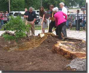 Kirk Rodgers, far right, joins DNR Sec. Ronald Franks, far left, and Talbot County Commissioners to plant a clone of the fallen Wye Oak tree