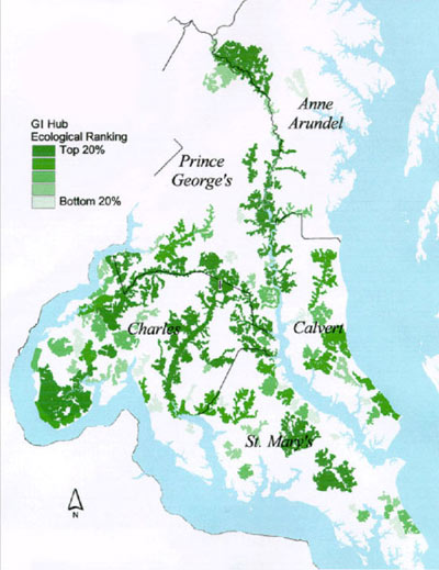 Green Infrastructure Hubs Diagram of Ecological Ranking