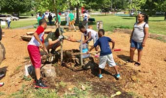 Kids working together to build a planter around a tree