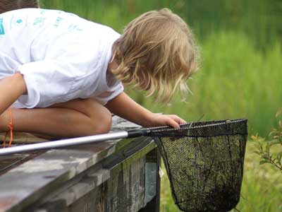 kid with net in a marsh