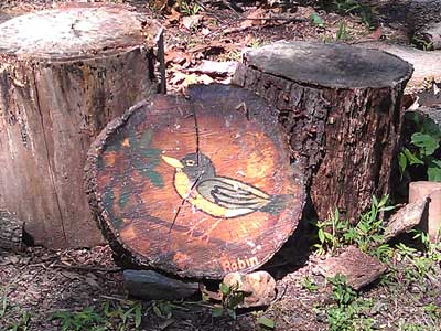 Painting of a robin on a tree section