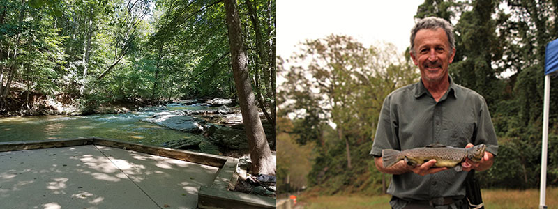 Image of the accessible fishing pier and an angler with a trout