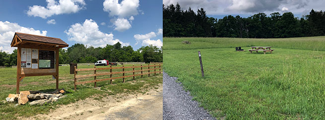 Images of the picnic areas, picnic tables with firepit grills, and open parking area