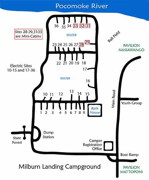 Map of the Milburn Landing area of Pocomoke River State Park.