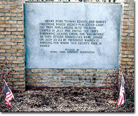 A plaque memorializes the famous vagabond campers at Camp Harding County Park.