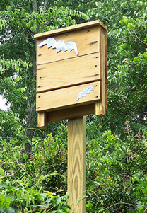 A wooden bat box on a wooden pole above the green leaves.